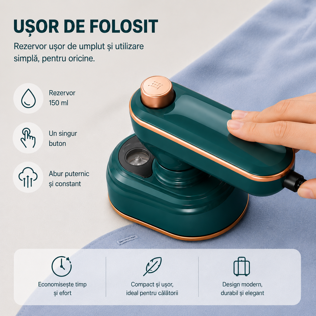 Mini Fier de Călcat Pliabil 16cm, Portabil, Talpă Ceramică