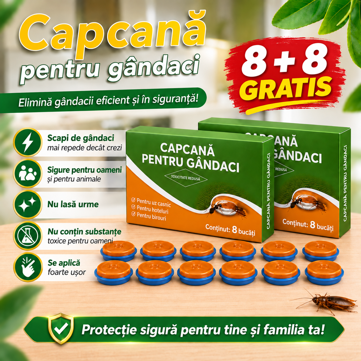 Capcană Anti-Gândaci – 8+8 Bucăți Gratis | Protecție 24/7 pentru Casa Ta